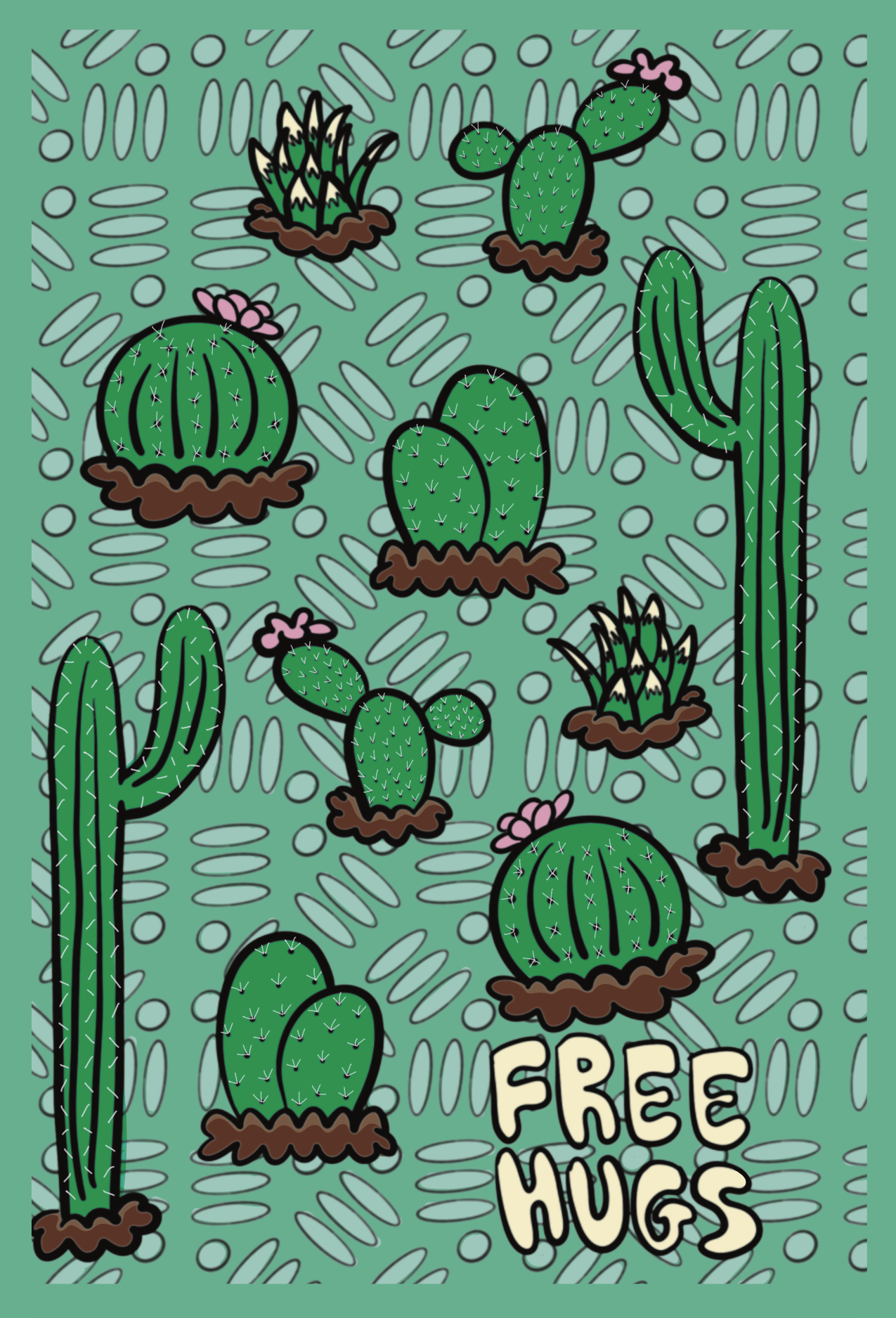 Playful digital pattern featuring various cartoon cactus species—barrel, prickly pear, saguaro, and agave—each drawn with bold outlines, tiny white spines, and small pink blooms. The cacti sit in brown soil mounds against a mint-green background with repeating oval and dash motifs. In the bottom right corner, cream-colored bubble letters read ‘FREE HUGS’