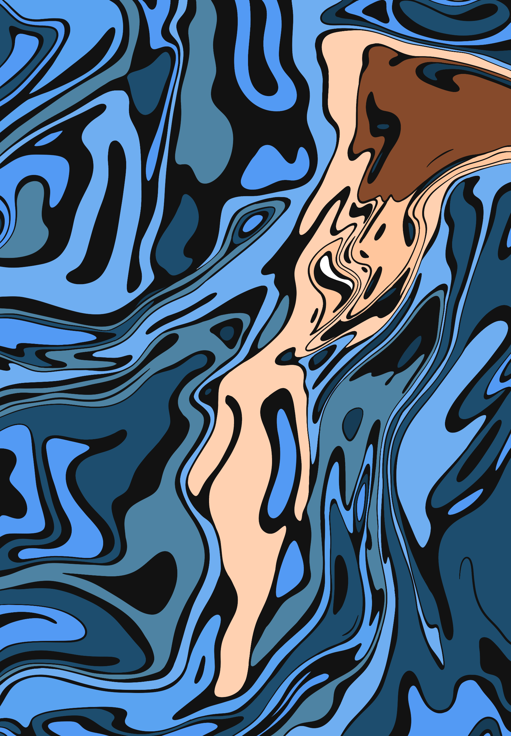 Digital abstract illustration with swirling blue, teal, and black shapes resembling liquid motion. In the center, a distorted figure with peach-toned skin appears stretched and warped, as if submerged or melting into the surrounding fluid patterns.
