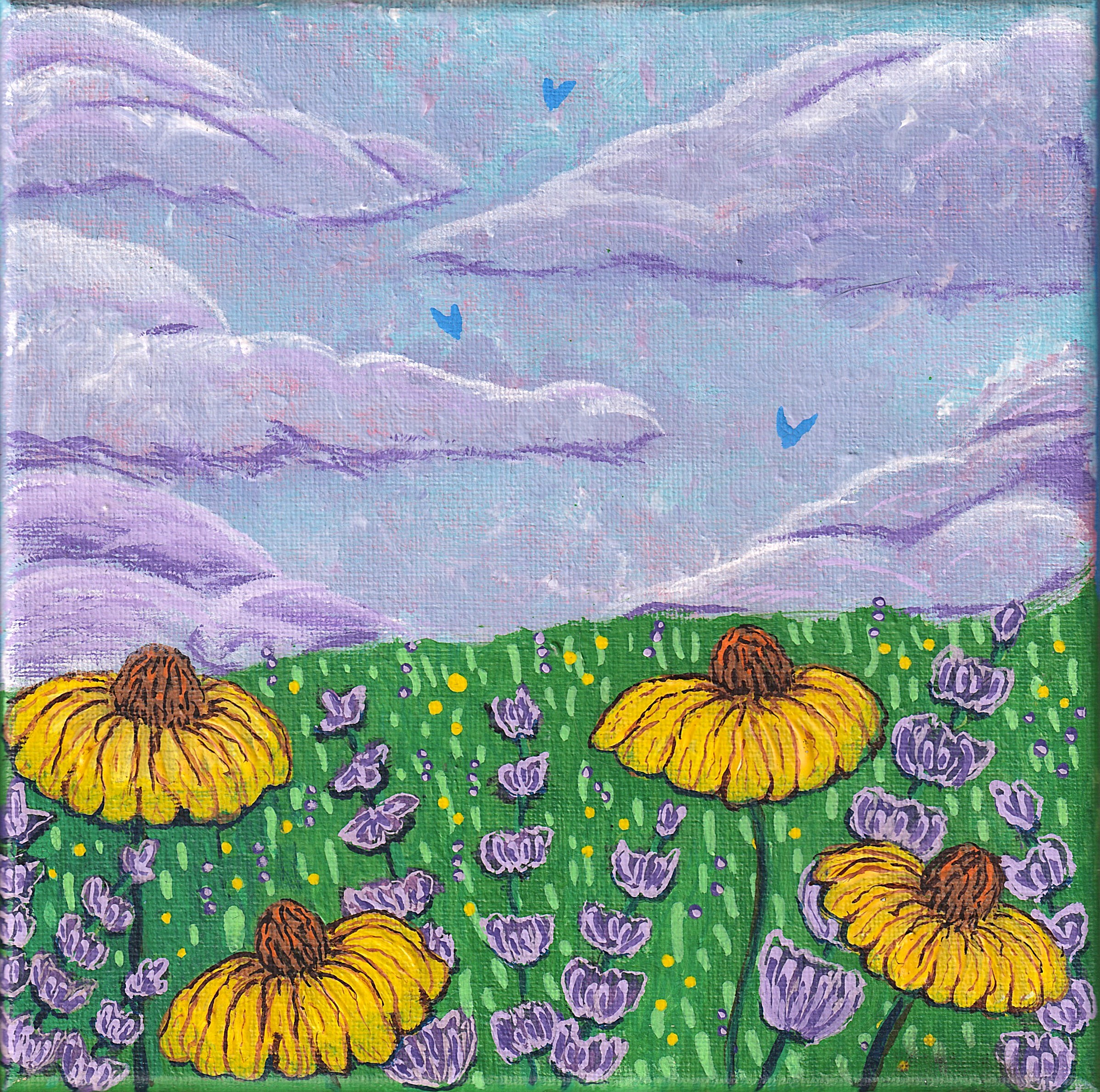 A small acrylic painting of a bright meadow filled with large yellow coneflowers and clusters of small lavender blossoms. The green grass is dotted with tiny yellow accents, and the sky above is soft blue with sweeping lavender clouds. Three simple blue bird silhouettes float in the sky. The overall style is whimsical and textured, with visible brushstrokes and vibrant, playful colors.