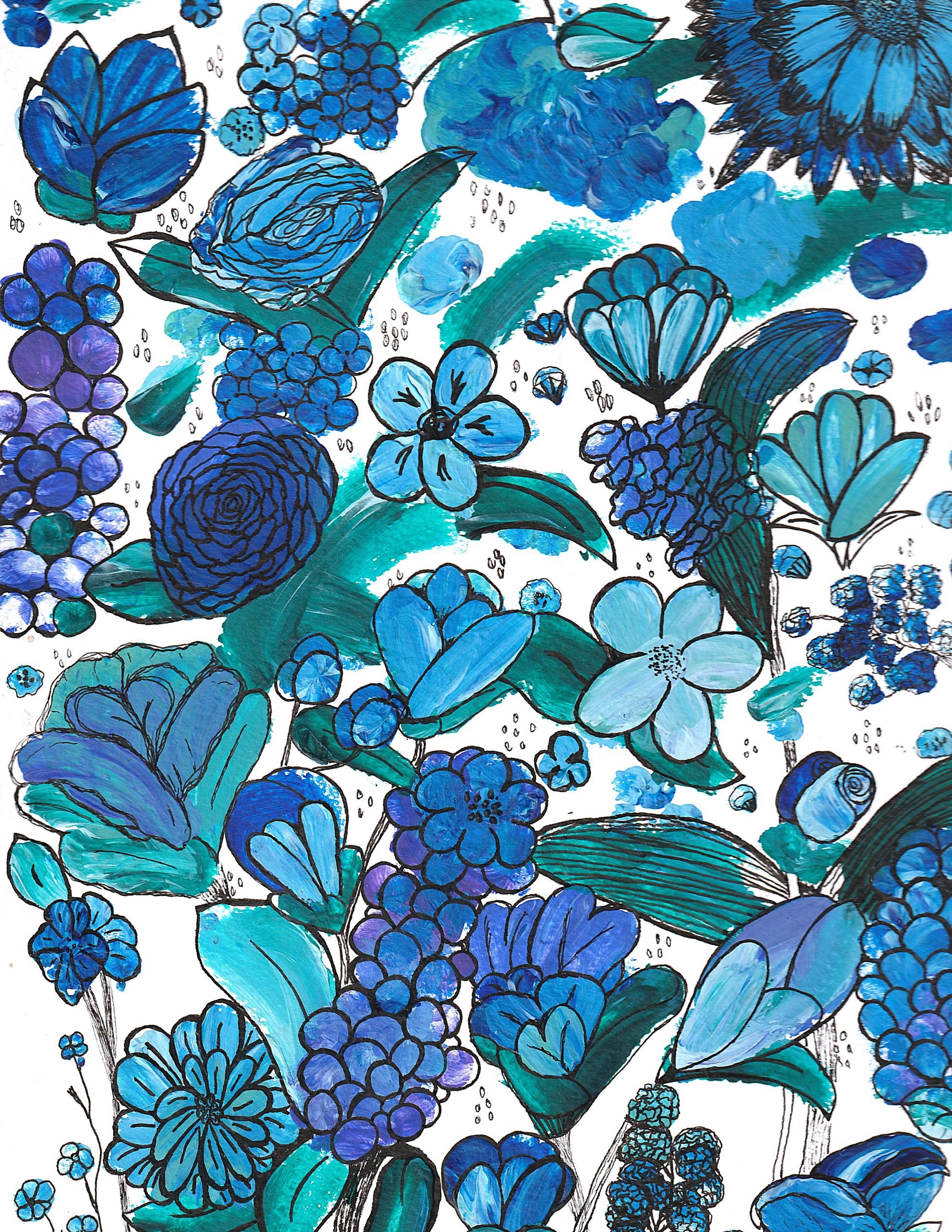 Blue Blotanical - Acrylic on A4 Watercolor Paper - 2020 Vibrant acrylic and ink illustration featuring an assortment of blue and teal flowers, berries, and leaves filling the page. The composition includes roses, clusters of round berries, layered petals, and abstract botanical shapes on a white background.