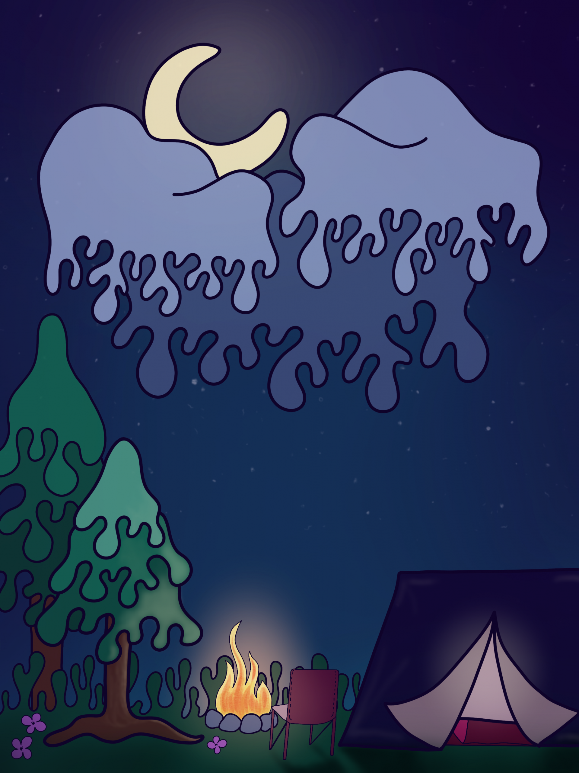 Digital illustration of a nighttime camping scene featuring a crescent moon above three large, whimsical clouds with dripping, wavy shapes. Below, pine trees and grassy foliage frame a glowing campfire beside an empty red camping chair. A dark purple tent sits to the right under a starry sky, creating a peaceful outdoor atmosphere.