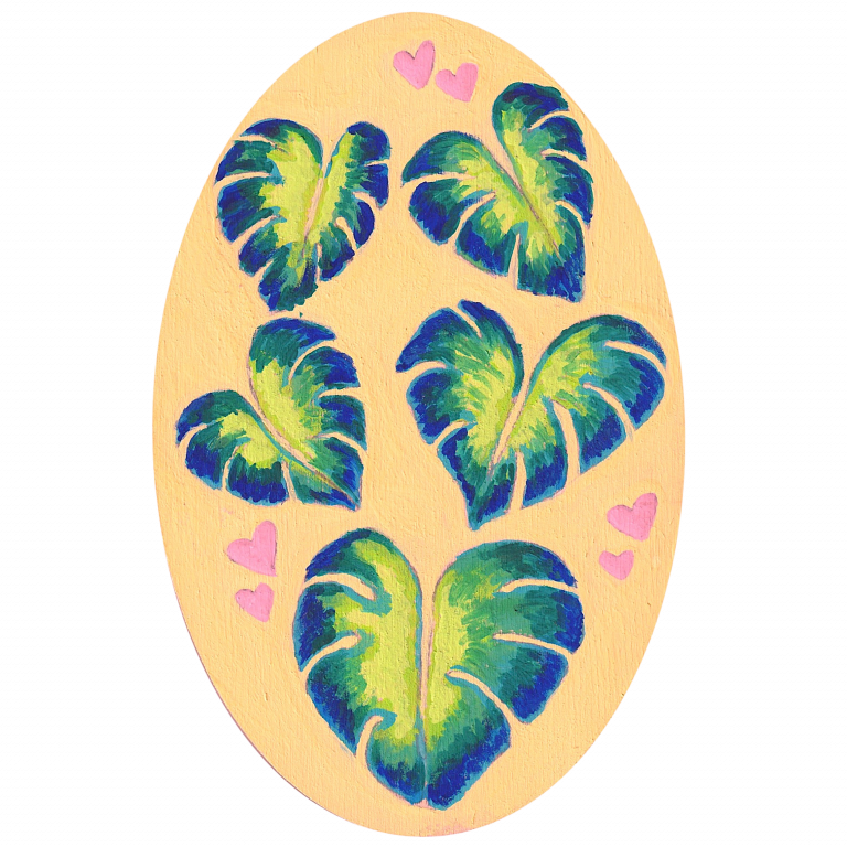 An oval acrylic painting of five large heart-shaped monstera leaves in shades of green and blue arranged on a soft yellow background, with small pink hearts accenting the composition.